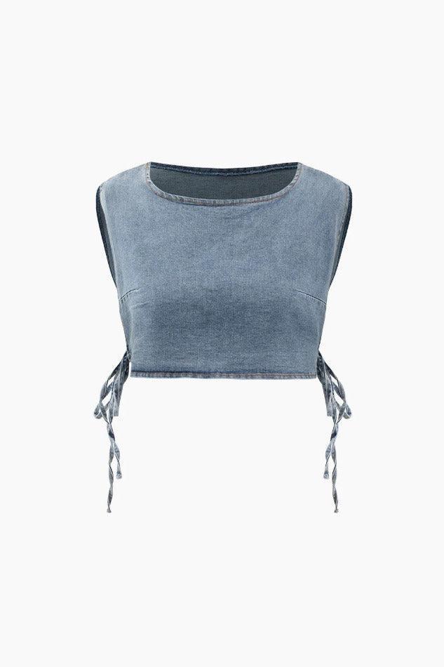 Denim Side Tie Tank Top And Wrap Mini Skirt Set
