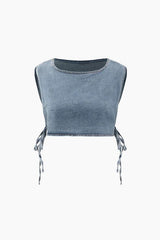 Denim Side Tie Tank Top And Wrap Mini Skirt Set
