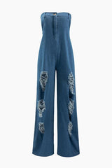 Destroyed Denim Strapless Jumpsuit