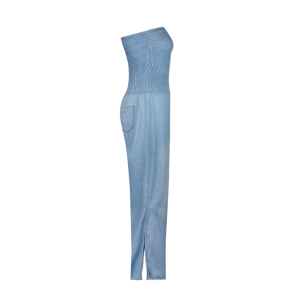 Tube Top Strapless Elastic Waist Slit Leg Denim Jumpsuit