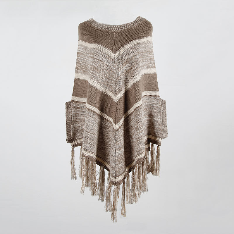 Tassel Fringed Pullover Geometric Pattern Sweater Cloak Shawl Cape
