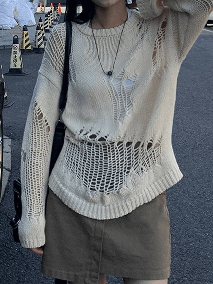 Distressed Crochet Knit Sweater