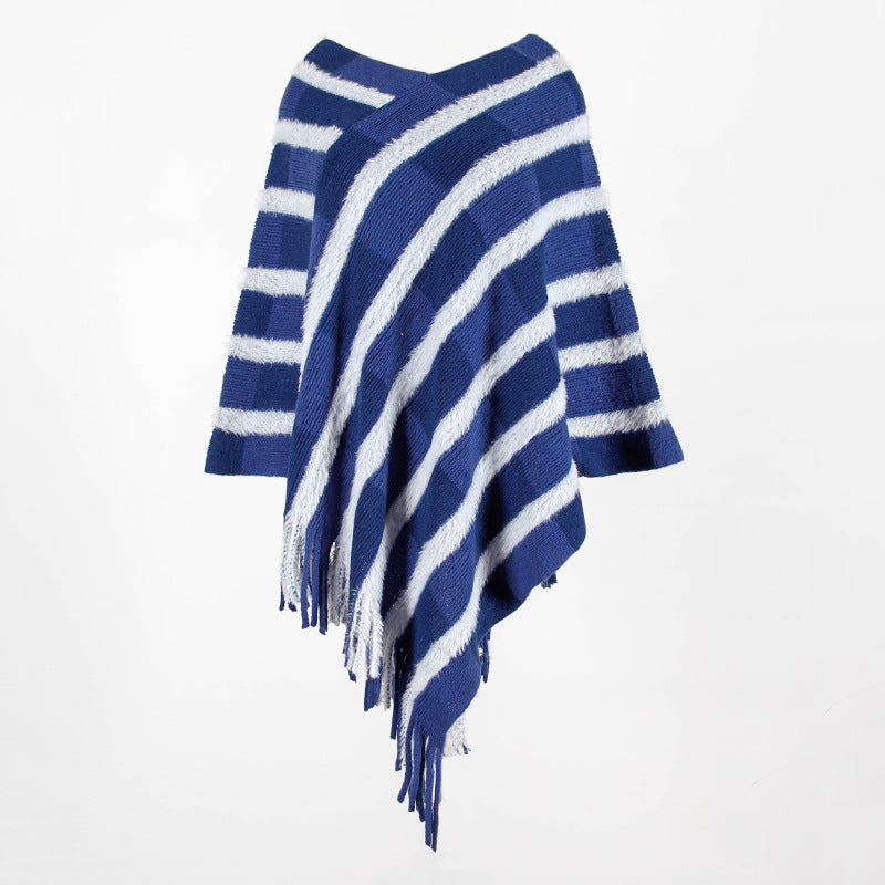 Tassel Fringed Pullover V-neck Collar Plaid Sweater Cloak Shawl Cape