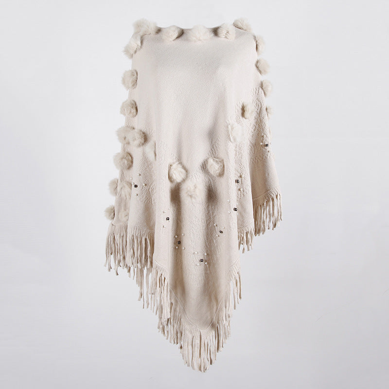 Tassel Fringed Pullover Bead Pompom Collar Sweater Cloak Shawl Cape