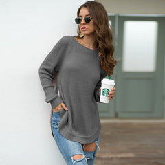 Women's Round Neck Hem Split Long Sleeve Sweater