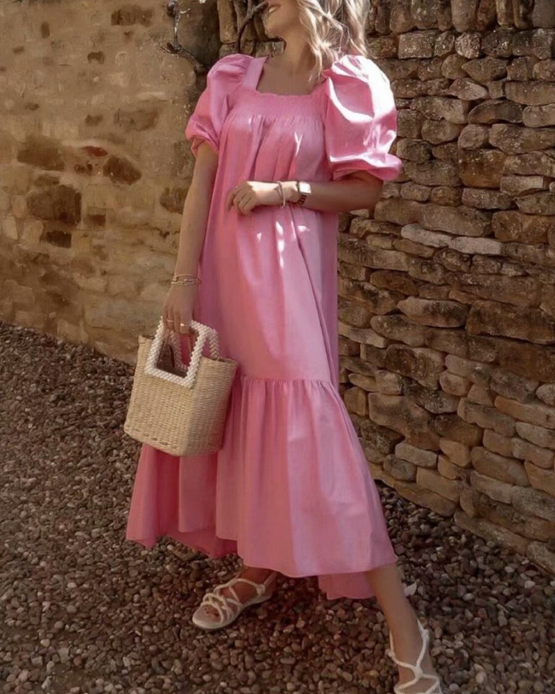 Square Collar Off Shoulder Puff Bubble Sleeve Party Maxi Dresses