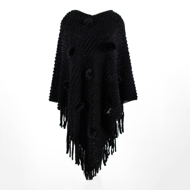Tassel Fringed Pullover V-neck Collar Pompom Sweater Cloak Shawl Cape