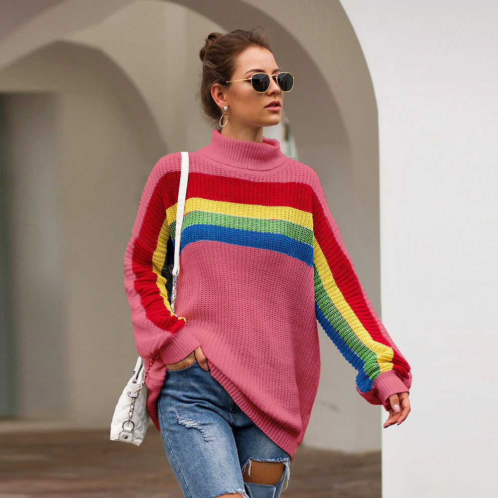 Women's High Collar Rainbow Stripes Knit Long Sweater