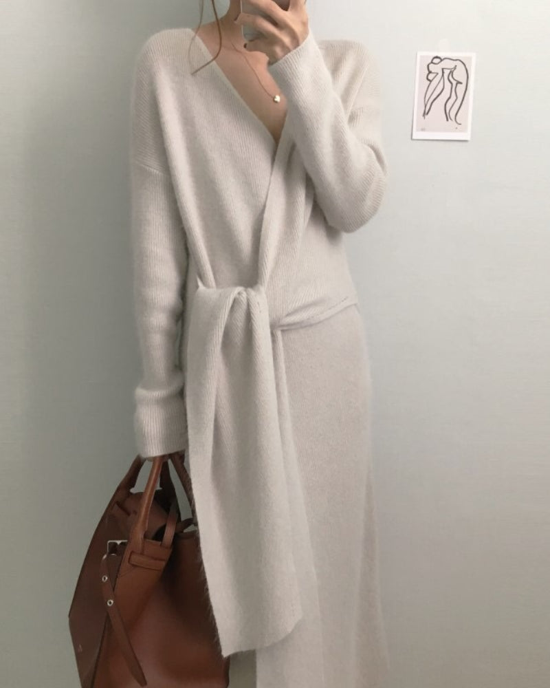 V-neck Cross Straps Long Knit Cardigan Midi Dresses