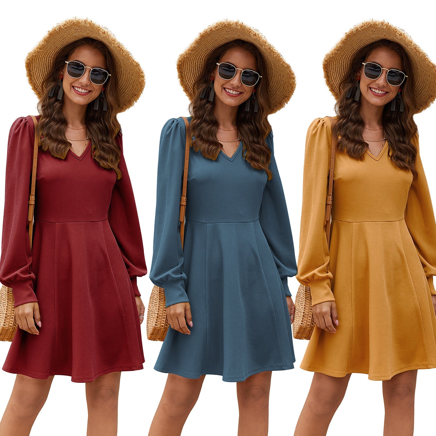 V-neck Long Sleeve Waistband Mini Dress