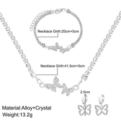 New Women's Fresh and Sweet Diamond Butterfly Necklace, Earrings, Bracelets, Light Luxury, High Grade, Shiny Silver Jewelry Set