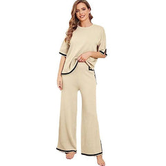 New summer knitted suit sweater suit short-sleeved pullover wide-leg pants
