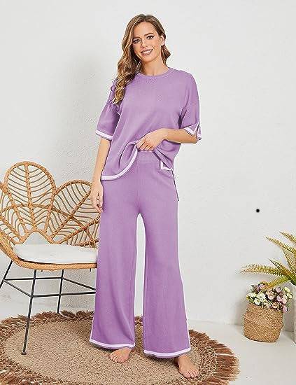 New summer knitted suit sweater suit short-sleeved pullover wide-leg pants