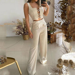 Square Neck Top Loose Flare Pants Two Piece Set