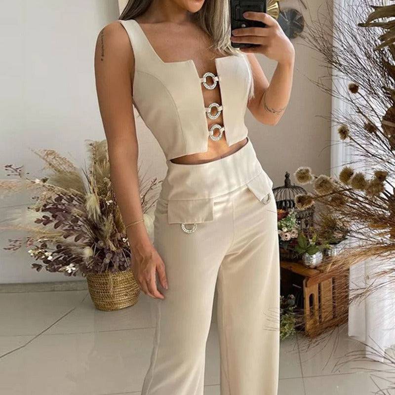 Square Neck Top Loose Flare Pants Two Piece Set