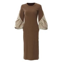 Personalized patchwork contrasting color puffy sleeves slim fit knitted dress for women