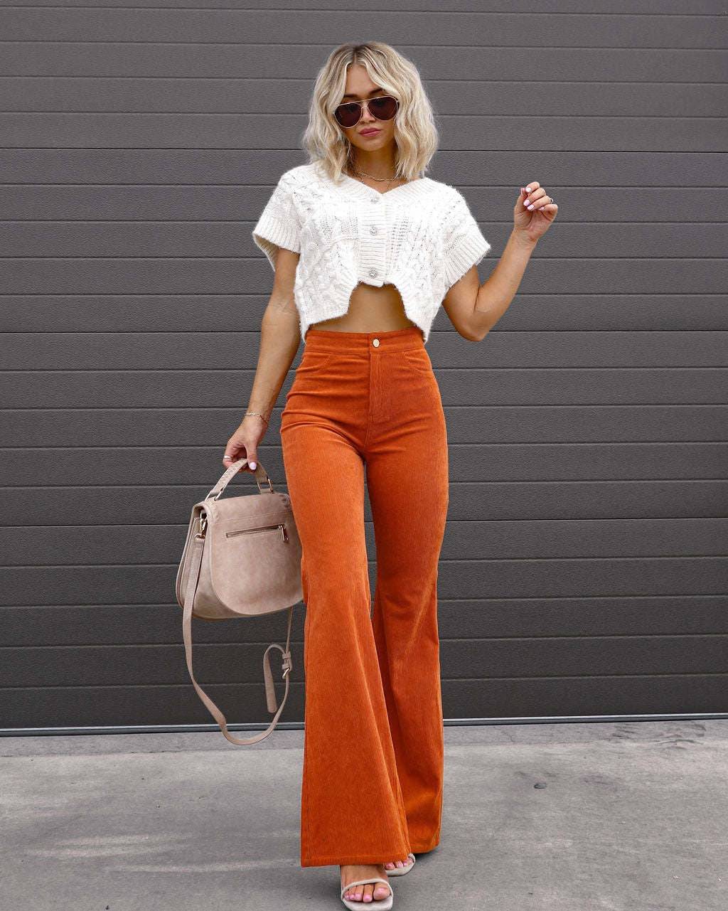 Autumn and Winter Women's Solid Color High Waist Slim Fit Micro Flare Pants Corduroy High Waist Casual Pants