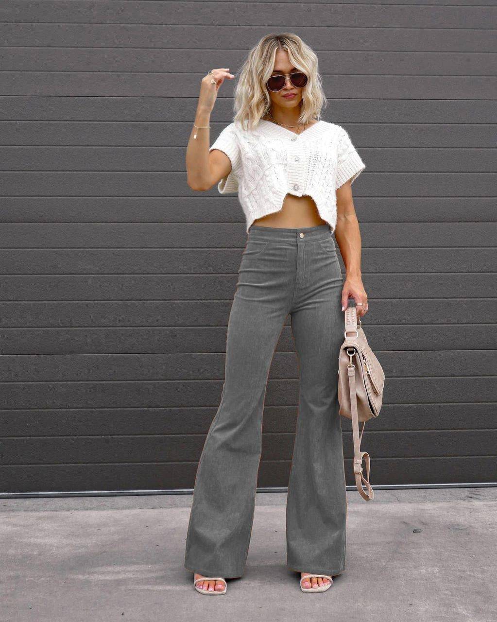 Autumn and Winter Women's Solid Color High Waist Slim Fit Micro Flare Pants Corduroy High Waist Casual Pants