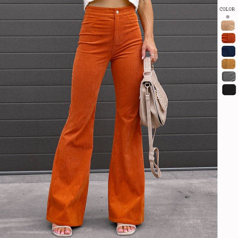 Autumn and Winter Women's Solid Color High Waist Slim Fit Micro Flare Pants Corduroy High Waist Casual Pants