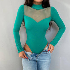 M22BS573 Women's Autumn New Color Mesh Splice Long Sleeve Versatile Bottom Slim Top