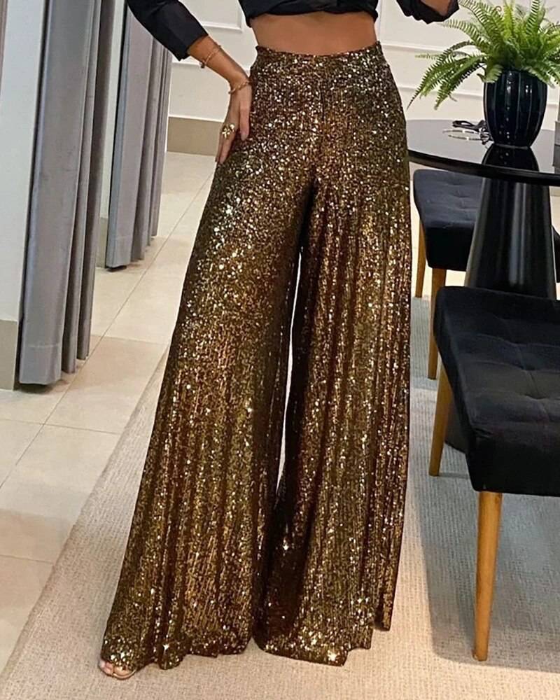 Women Casual Night Out Party Leggings Glamorous Elegant Sexy Bling Bling Trousers High Waist Sequin Flared Pants