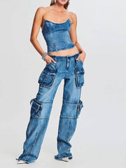 Fashion trendsetter autumn mid waist buckle multi pocket workwear version floor mopping loose denim women's casual pants