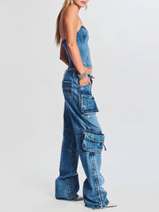 Fashion trendsetter autumn mid waist buckle multi pocket workwear version floor mopping loose denim women's casual pants