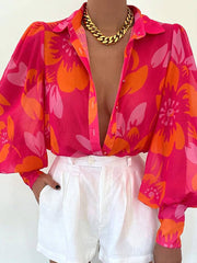 Long Lantern Sleeve Print Women Shirt Elegant Lapel Floral Pleated Office Ladies Shirts Summer Loose Fashion Tops
