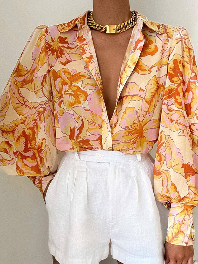 Long Lantern Sleeve Print Women Shirt Elegant Lapel Floral Pleated Office Ladies Shirts Summer Loose Fashion Tops