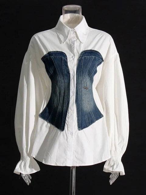 Colorblock Patchwork Denim Blouses For Women Lapel Long Sleeve Spliced Single Breasted Blouse Female Fashion New