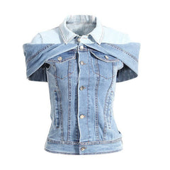 Sweet Cool Folding Shirt Slim Denim Shirt Color Matching Fake Two Pieces Off Shoulder Waist Pulling Denim Shirt Female