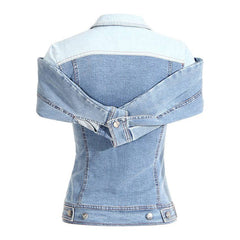 Sweet Cool Folding Shirt Slim Denim Shirt Color Matching Fake Two Pieces Off Shoulder Waist Pulling Denim Shirt Female