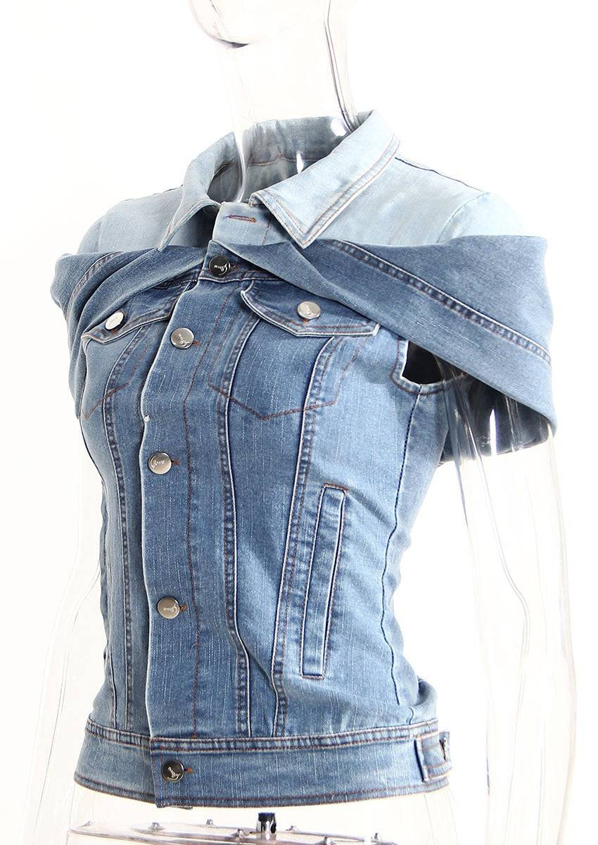 Sweet Cool Folding Shirt Slim Denim Shirt Color Matching Fake Two Pieces Off Shoulder Waist Pulling Denim Shirt Female