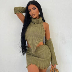 Solid Color High Neck Knitting Backless Sweater+Sexy Tight Bag Hip Skirt Two-Piece Set