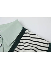 Women's Shirt Chic Vintage Blouses Casual Polo-Neck Long Sleeve Loose Female Striped Patchwork Blouses Fake Two Pieces
