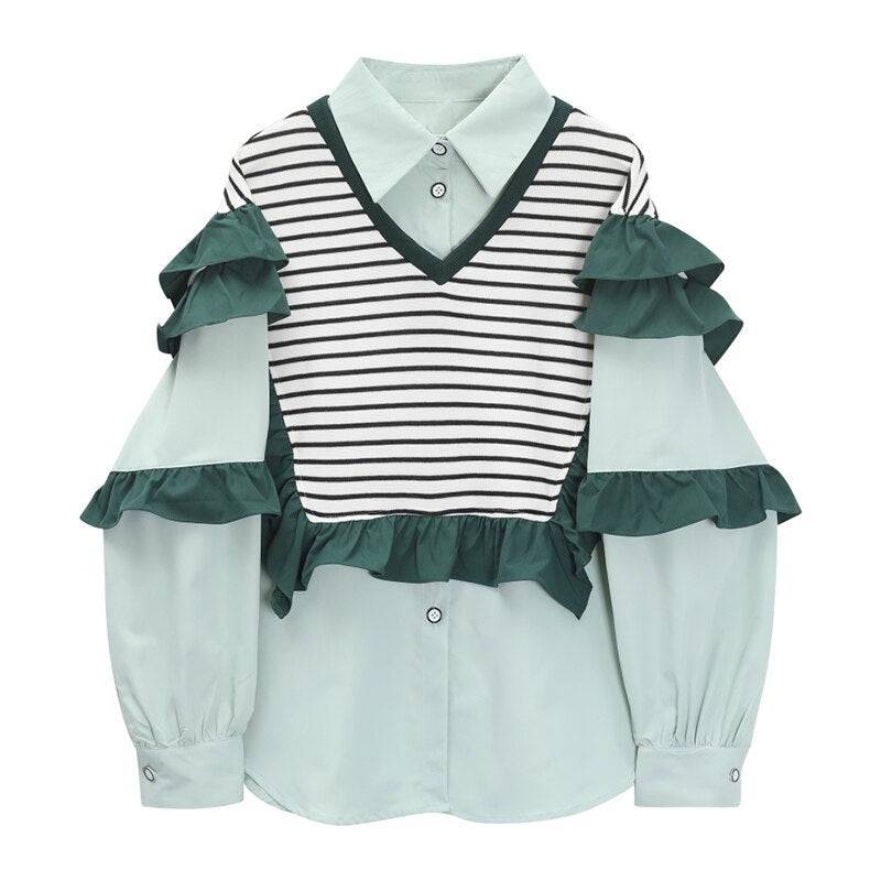Women's Shirt Chic Vintage Blouses Casual Polo-Neck Long Sleeve Loose Female Striped Patchwork Blouses Fake Two Pieces
