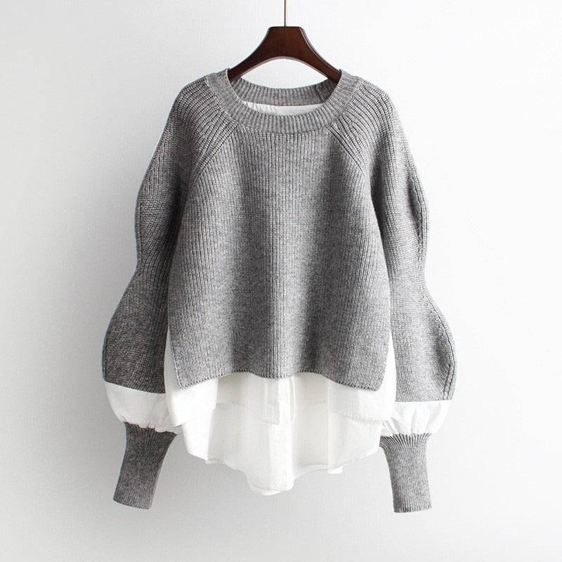 Shirt patchwork pullover sweater for women's autumn and winter vacation two-piece loose knit top, stylish lantern sleeves, versatile sweater