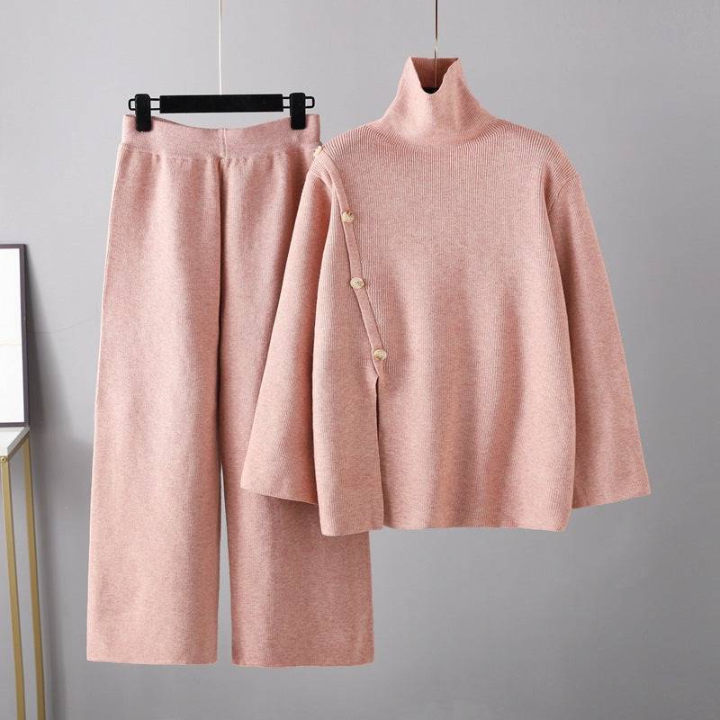 Small Design Stand Collar Split Knit High Neck Sweater Women's Winter Warm Casual Wide Leg Pants Two-Piece Set