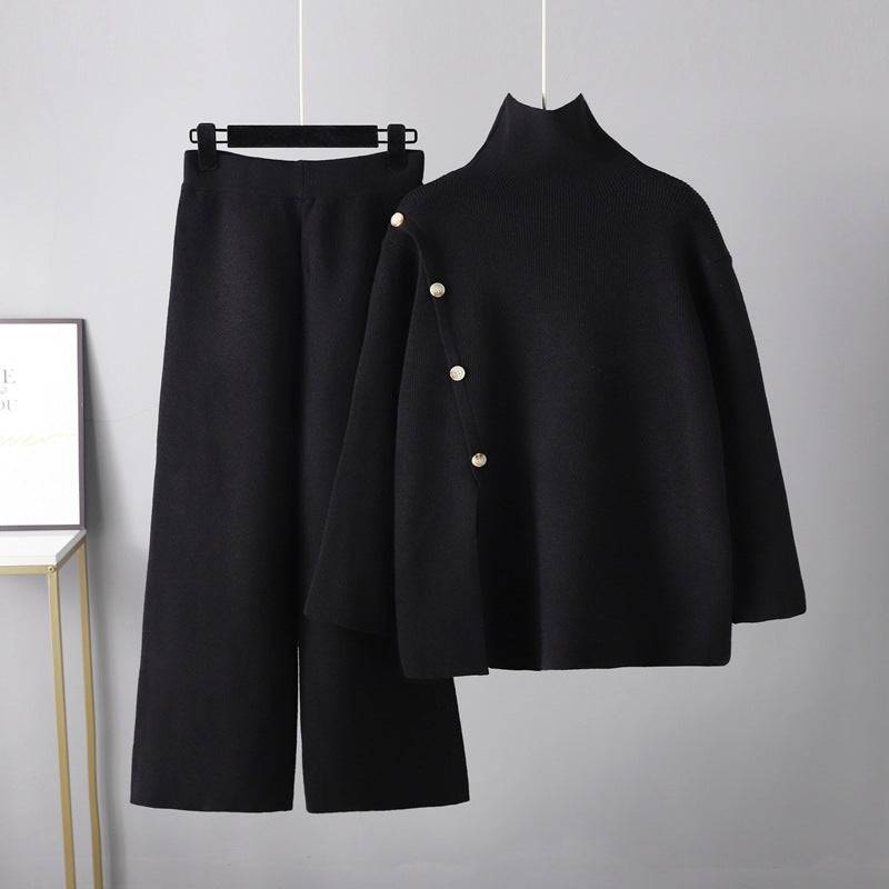 Small Design Stand Collar Split Knit High Neck Sweater Women's Winter Warm Casual Wide Leg Pants Two-Piece Set