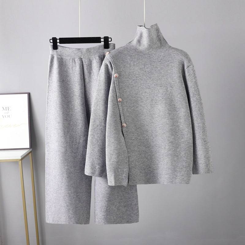 Small Design Stand Collar Split Knit High Neck Sweater Women's Winter Warm Casual Wide Leg Pants Two-Piece Set
