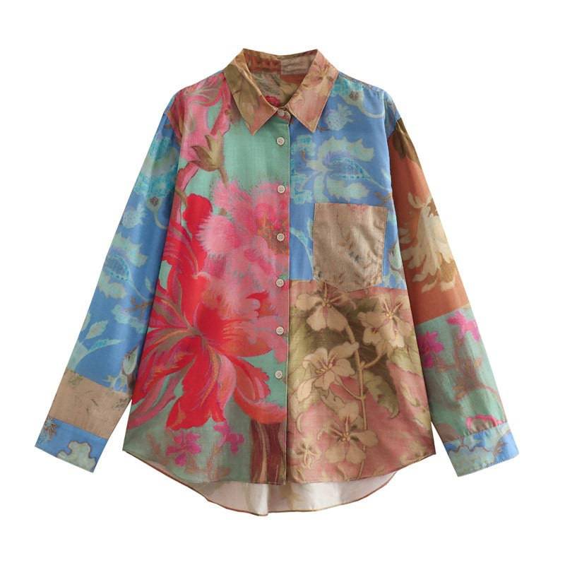 Rrinted Patchwork Women Vintage Casual Blouse Wrist Sleeve Loose Shirt Female High Low Top