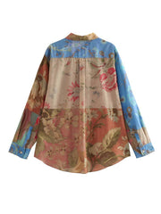Rrinted Patchwork Women Vintage Casual Blouse Wrist Sleeve Loose Shirt Female High Low Top