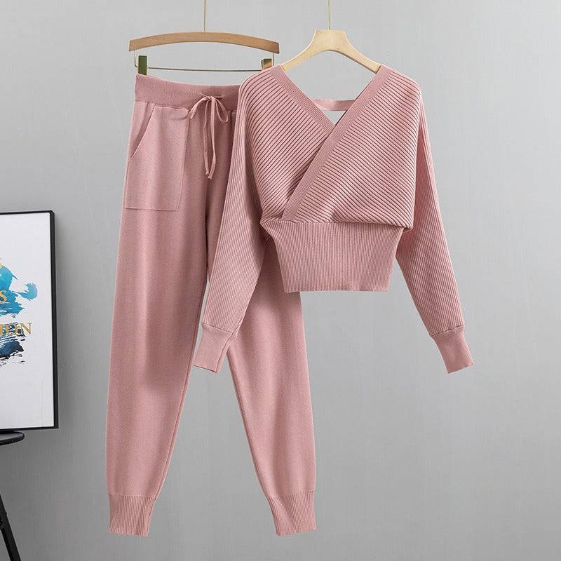 Double V-neck Sexy Off Shoulder Short Style Temperament Fashion Set Women's Spring Knit Two Piece Set