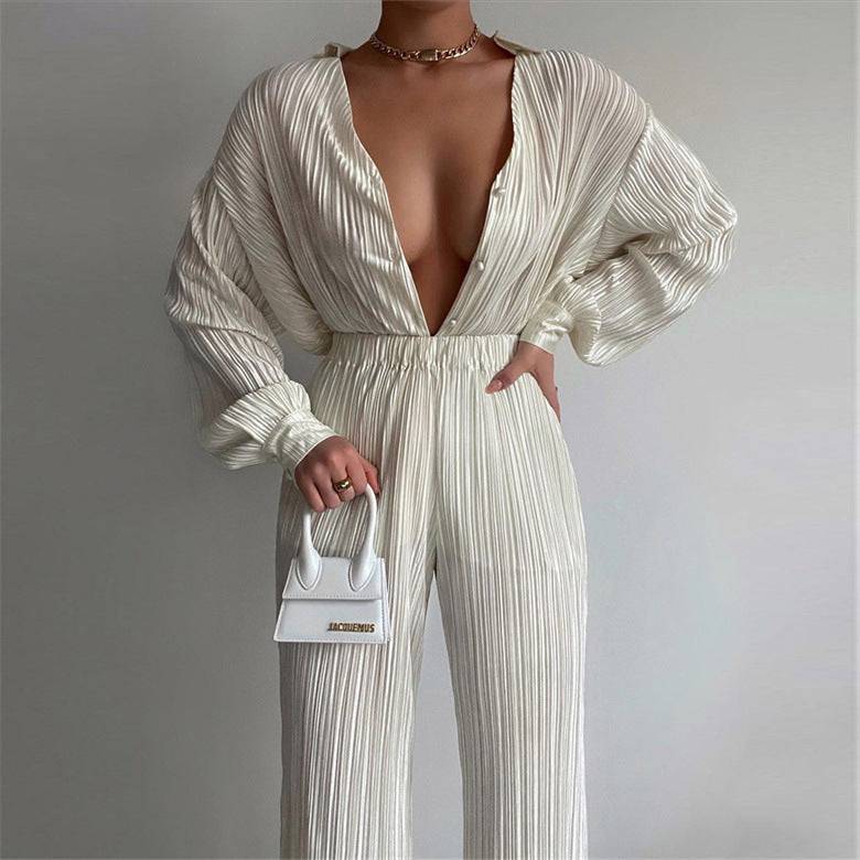 Fashion Suit Women's New Pleated Long-Sleeved V-Neck Shirt Casual Pants Two-Piece Set