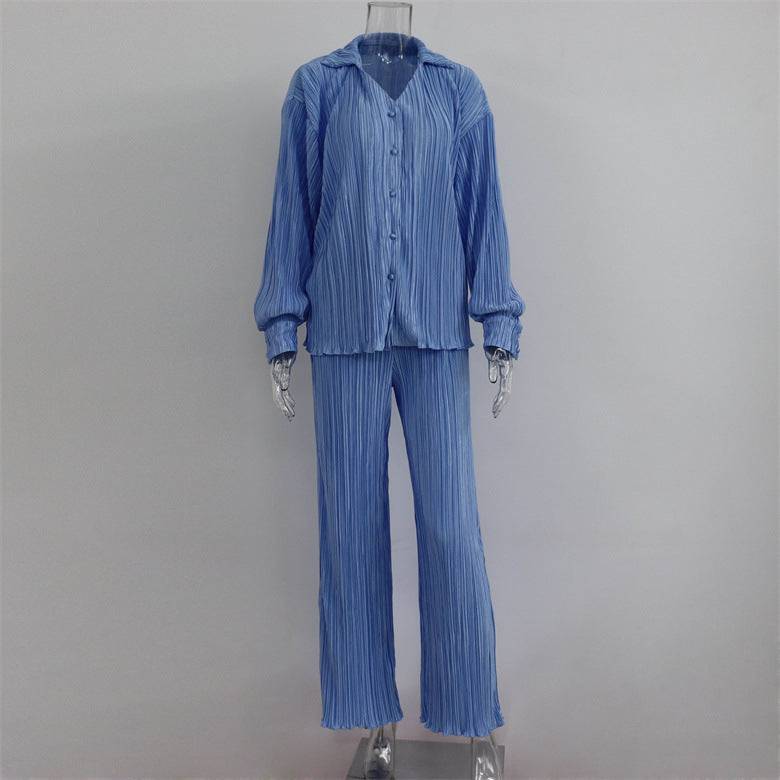 Fashion Suit Women's New Pleated Long-Sleeved V-Neck Shirt Casual Pants Two-Piece Set