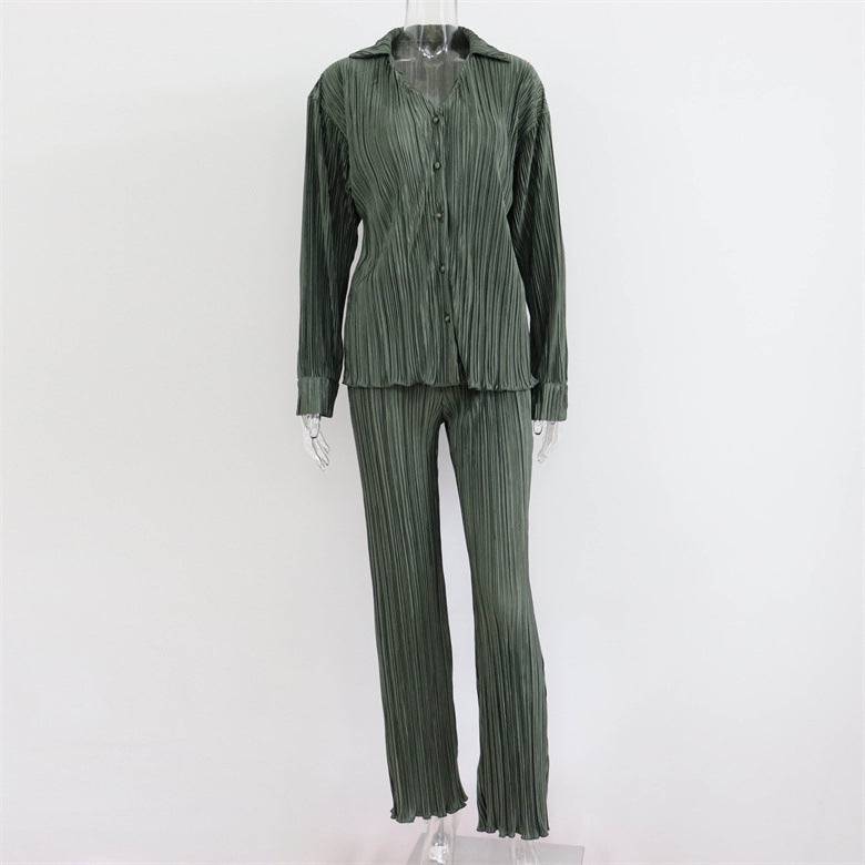 Fashion Suit Women's New Pleated Long-Sleeved V-Neck Shirt Casual Pants Two-Piece Set