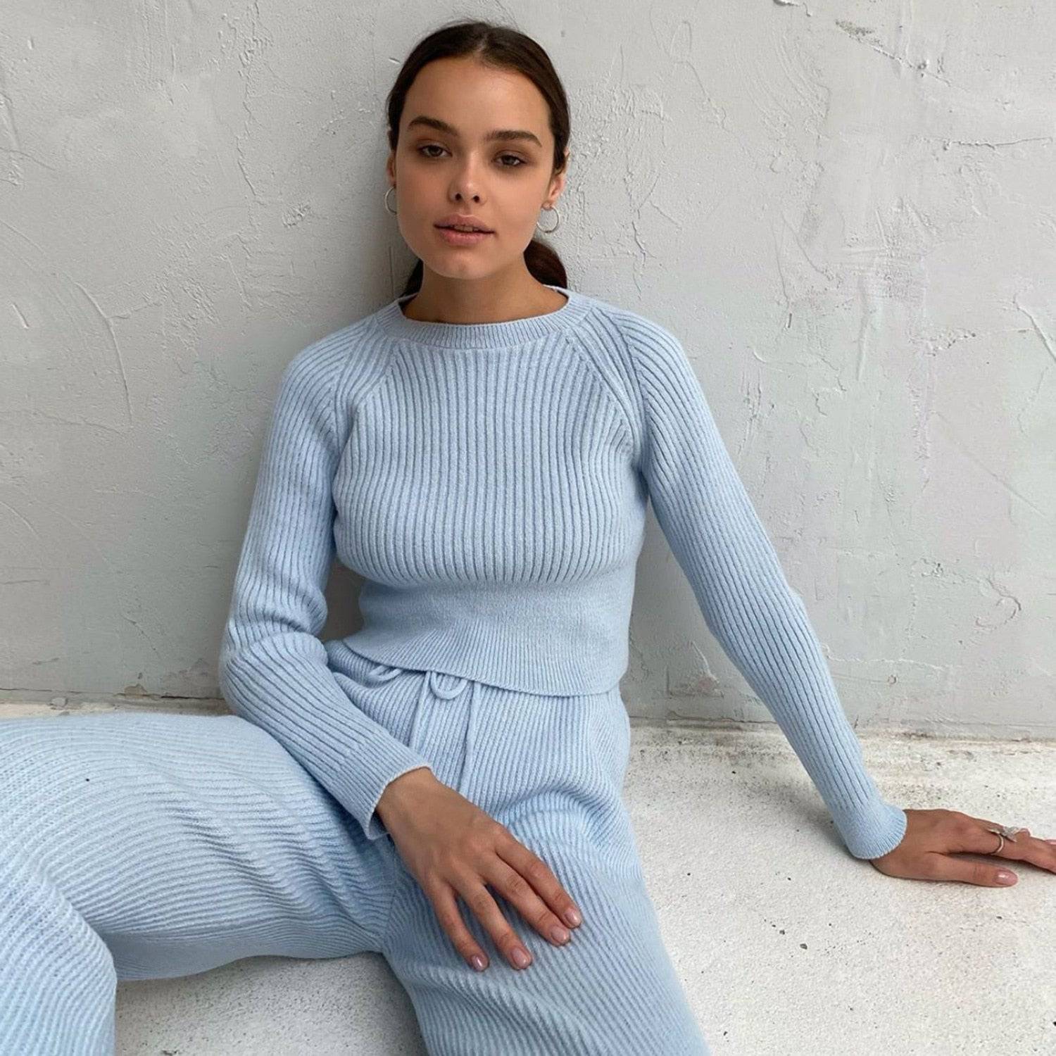 Cryptographic Casual Fashion Knitted Top and Pant Two Piece Set Loungewear Women Matching Set