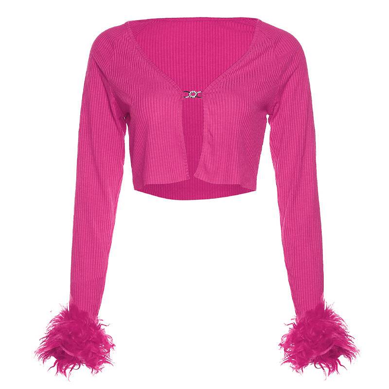 Autumn New Women's Fashion Wool Sleeves Sexy V-Neck Short Open Umbilical Slim T-Shirt
