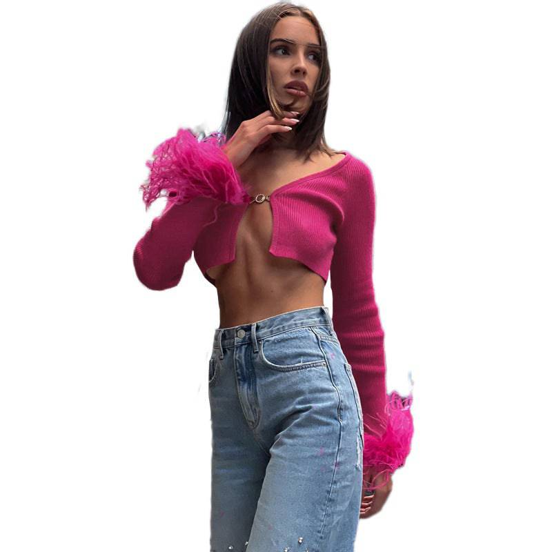 Autumn New Women's Fashion Wool Sleeves Sexy V-Neck Short Open Umbilical Slim T-Shirt