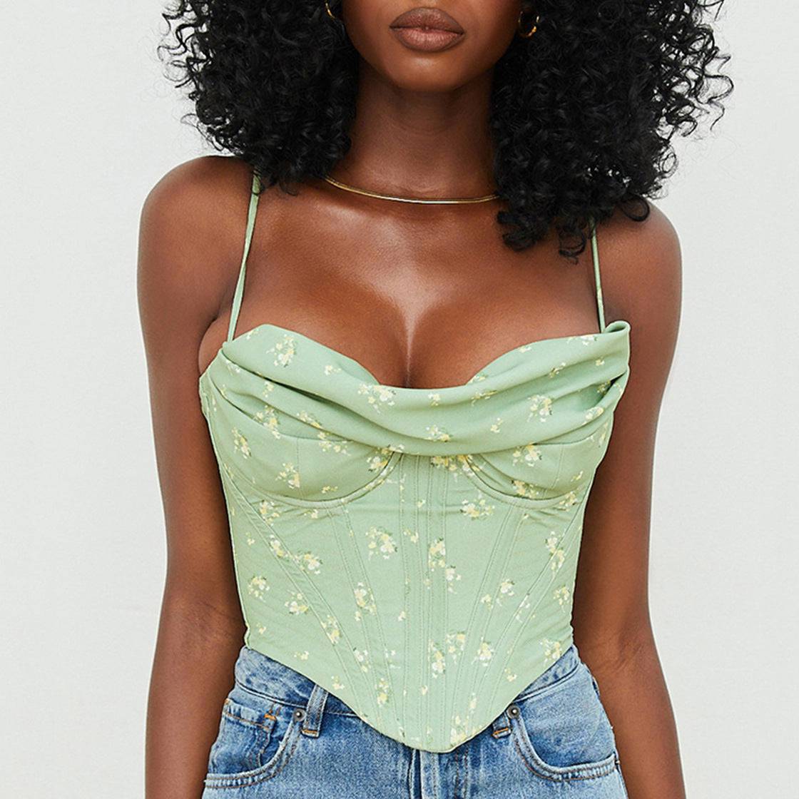 Irina Sleeveless Spaghetti Strap Floral Corset Top